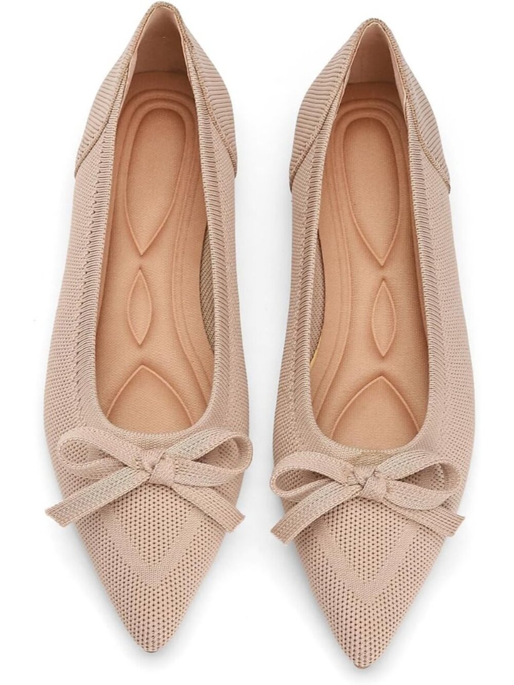 Womens Beige Comfortable Pointed Toe Knit Foldable Slip On Ballet Flat Shoes